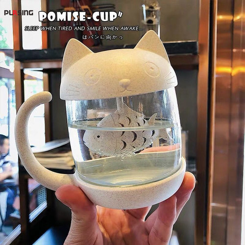 pursing猫咪茶水分离玻璃马克杯网红可爱ins高颜值带盖男女咖啡杯