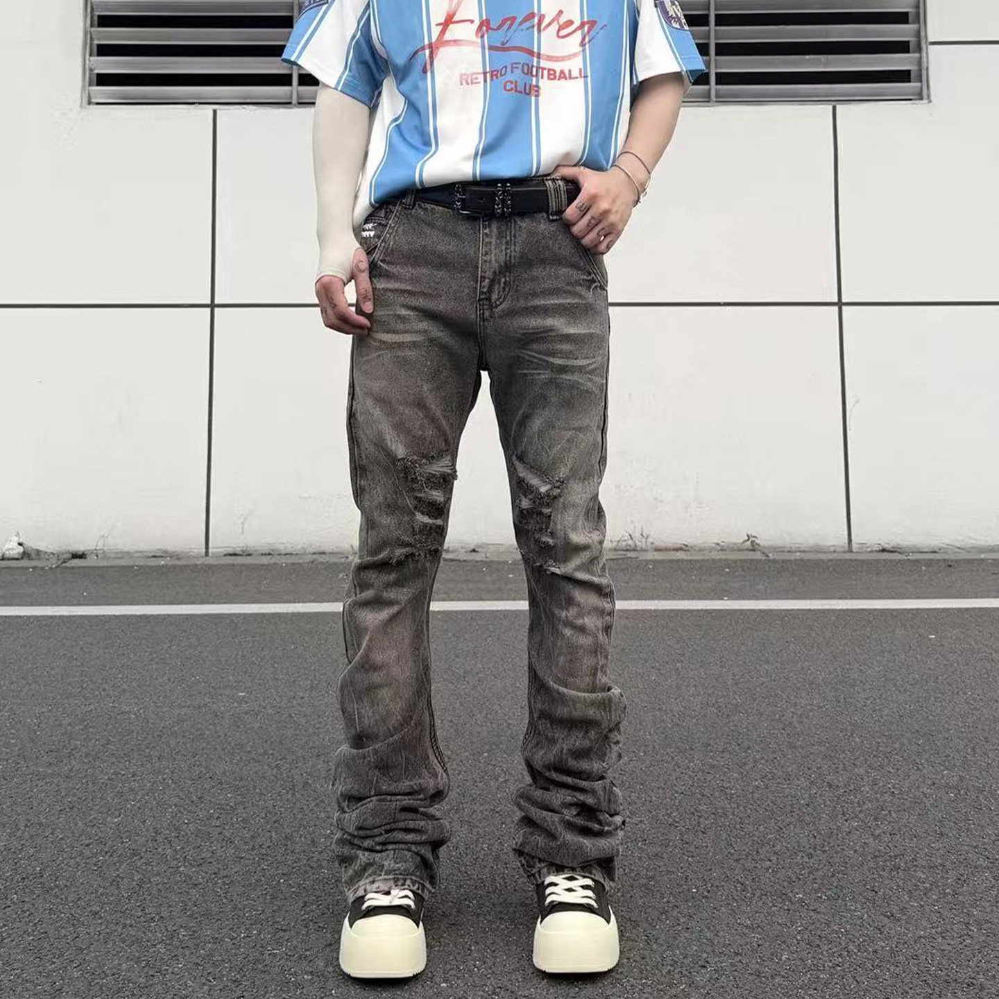 thumbnail for American High Street Vibe ripped slightly flared jeans for men, summer design style slim distressed curved knife long pants, trendy