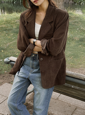 小个子复古灯芯绒西服外套2025韩版秋季新款加厚夹棉设计感西装女