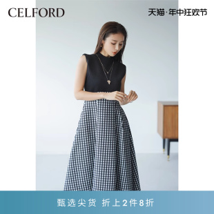 CELFORD春夏 针织拼接连衣裙CWFO214010 优雅格纹无袖 时尚