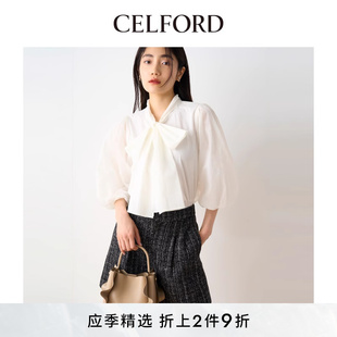 CELFORD2024秋冬新品 CWFB244027 甜美系带拼接宽松泡泡袖 雪纺衬衫