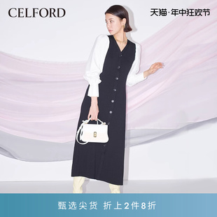 CELFORD春夏 针织长连衣裙CWNO221112 拼接修身 甜美泡泡袖