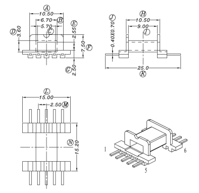 EFD15磁芯骨架卧式5+5针平行脚排距25mm高频变压器电源配件材料