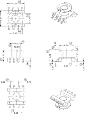 ER7.5高频变压器铁氧体PC40磁芯贴片LCP骨架立式4+4针排距9mm