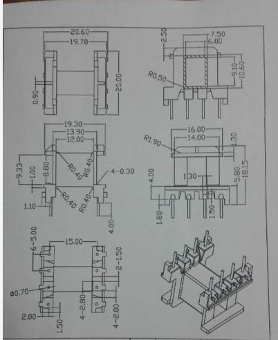 EF20加宽磁芯骨架卧式4+4针高频变压器材料