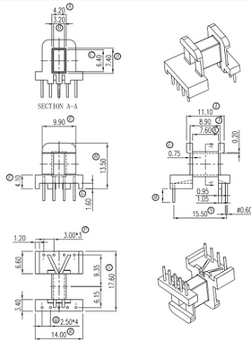 EE13高频变压器铁氧体PC44磁芯电木骨架卧式5+4单边加宽排距15.5