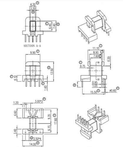 EE13高频变压器磁芯安规骨架卧式5+4针单边加宽排距15.5mm