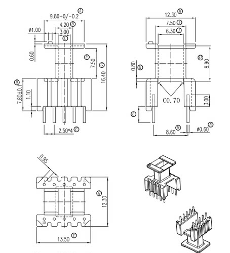 EE13高频变压器磁芯骨架加高挡板立式5+5针排距8.6mm