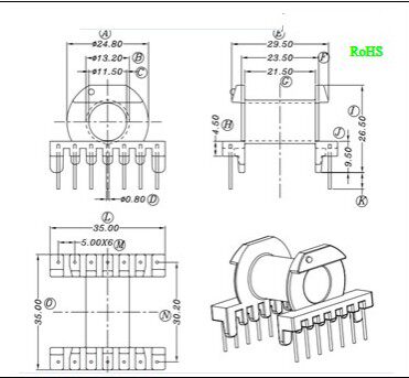 ER34 EC34磁芯骨架卧式7+7针高频变压器电源材料排距30mm