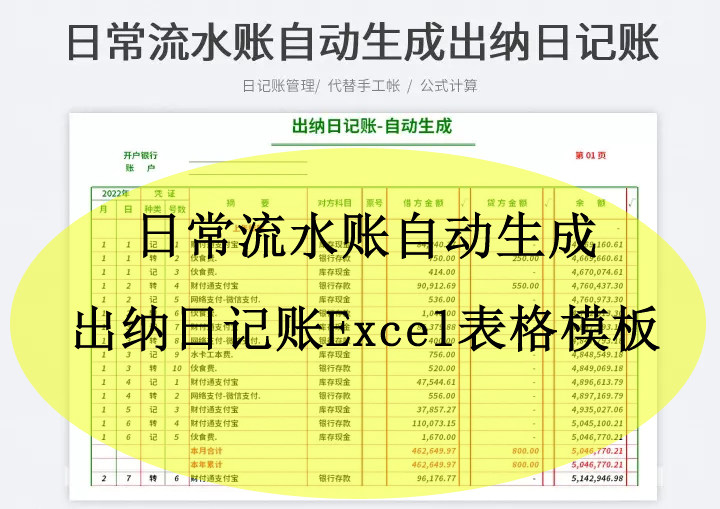 日常流水账自动生成出纳日记账excel表格模板财务日常登记表公式