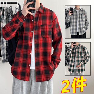 复古青少年感痞帅休闲衬衣外套男款 春秋季 褂子 男长袖 日系格子衬衫