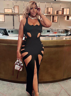 Skeleton high-rise split maxi dress 镂空高腰开叉长款连衣裙女