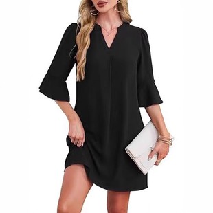 neck five quarter Solid dressV领五分袖 sleeve 连衣裙 color