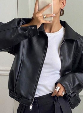 Casual retro brown leather jacket休闲气质复古棕色皮衣外套女