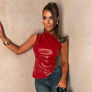 Sleeveless sloping shoulder pleated top无袖斜肩斜摆褶上衣女