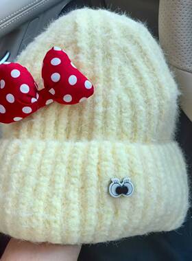 黄色毛线帽女秋冬韩系糖果色冷帽保暖蝴蝶结冬天帽子针织帽包头帽