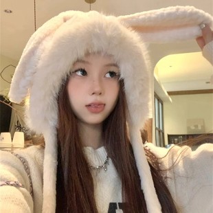 冬季 围脖一体小兔子毛绒帽女 加厚防寒保暖甜美毛绒两件套新款