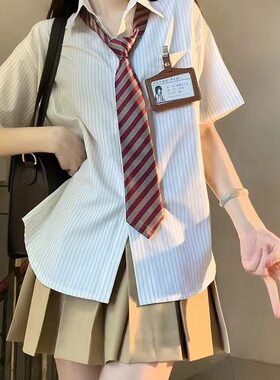 日系原创jk衬衫女学生韩版宽松条纹短袖衬衣2023新款百搭显瘦上衣