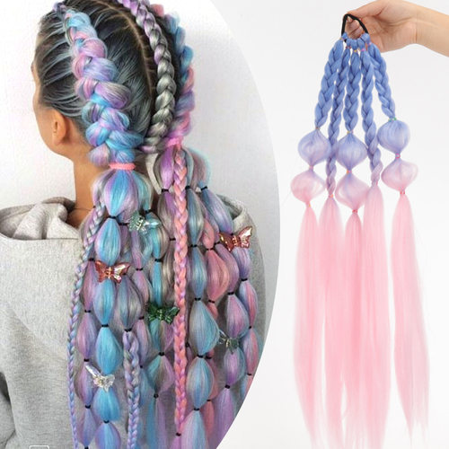 外贸款儿童假发辫子彩色渐变麻花辫泡泡辫手工编织假发马尾女