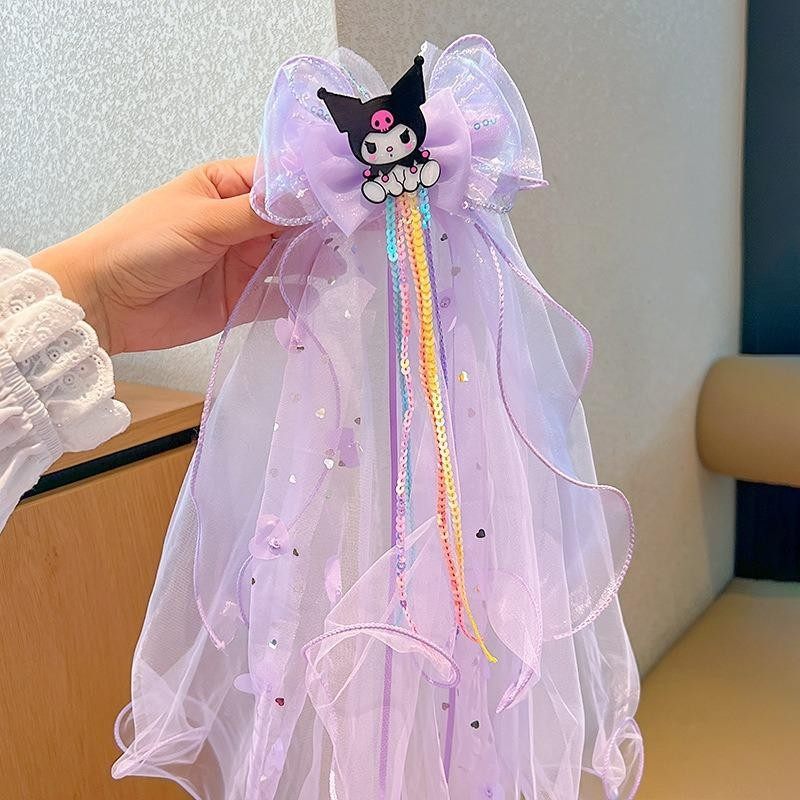 kuromi儿童紫色蝴蝶结头纱女孩子酷洛米头饰发夹宝宝飘带发卡发饰