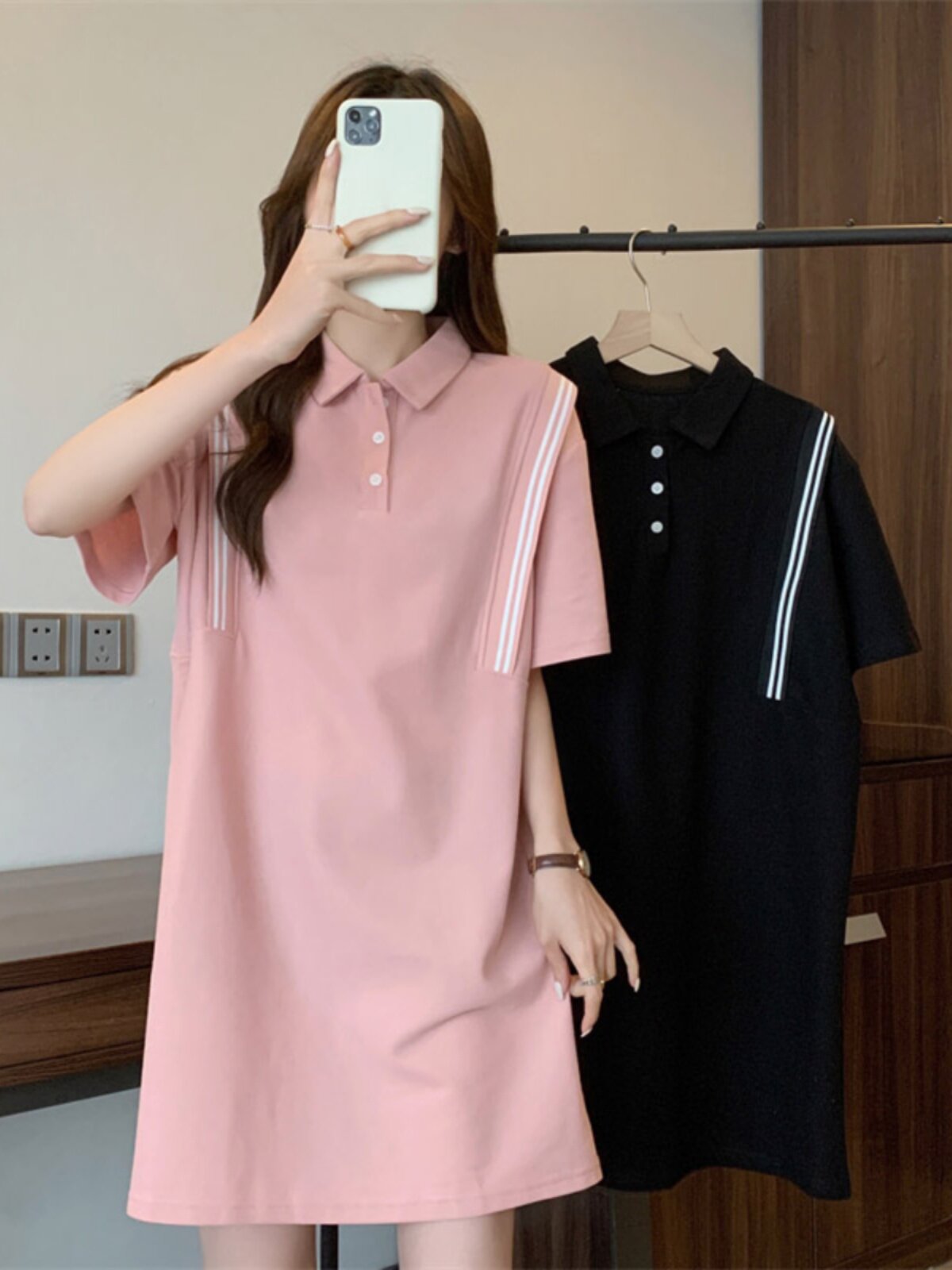 大码女装粉色polo连衣裙女夏季设计感小众裙子胖mm显瘦短袖t恤裙