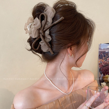 网纱蝴蝶结发夹抓夹女高级感2025新款鲨鱼夹发量大秋冬后脑勺头饰
