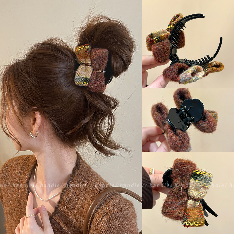 撞色毛呢蝴蝶结丸子头抓夹女高级感鲨鱼夹2026新款发夹后脑勺发饰,饰品/流行首饰/时尚饰品新,发饰,淘宝优惠券,粉丝福利购,淘宝优惠卷