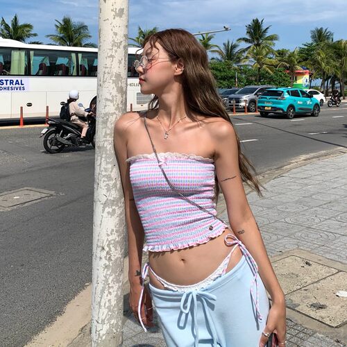 欧美风小胸抹胸飞边高级感纯欲小香风少女分体游泳衣女泳装BIKINI