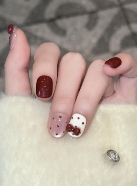 手工穿戴甲ins可爱猫眼kitty猫喜庆红色节日美甲假指甲可拆卸甲片