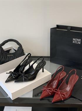 ZA红细高跟鞋秋季新款红色女尖头蝴蝶结穆勒单鞋漆皮法式性感包头