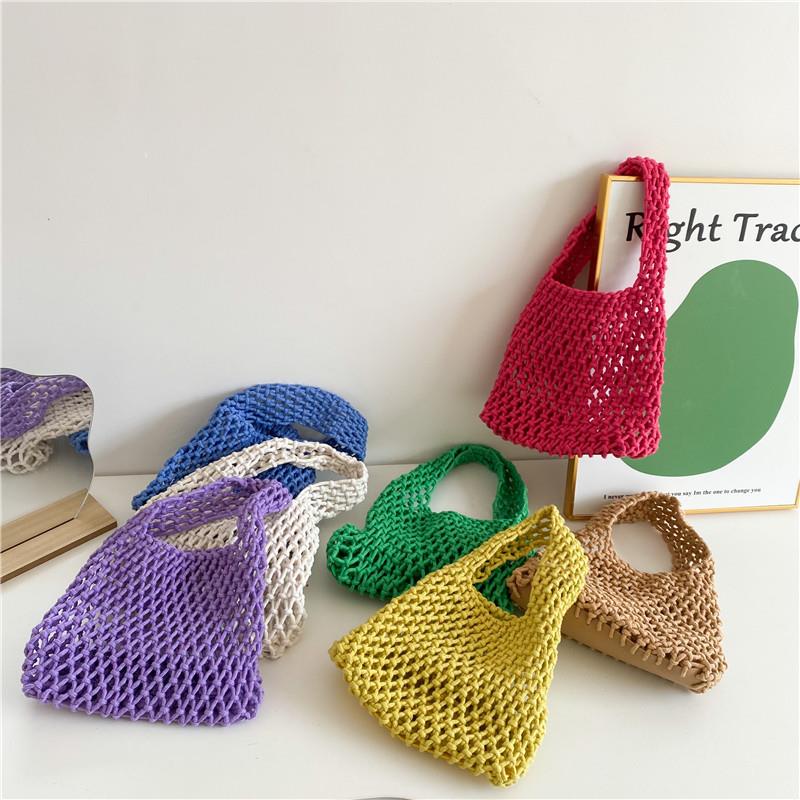 春款手工编织棉绳镂空包儿童小清新拍照手提包五彩手编包