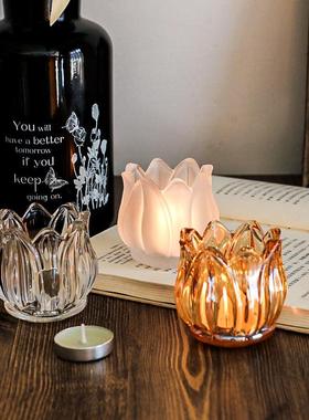 中古郁金香玻璃小烛台浪漫复古透明茶色餐桌蜡烛摆件家居饰白色定