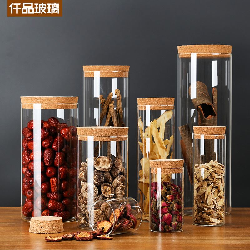 销售高硼硅玻璃密封罐软木塞茶叶罐食品储物罐多型号糖果罐子