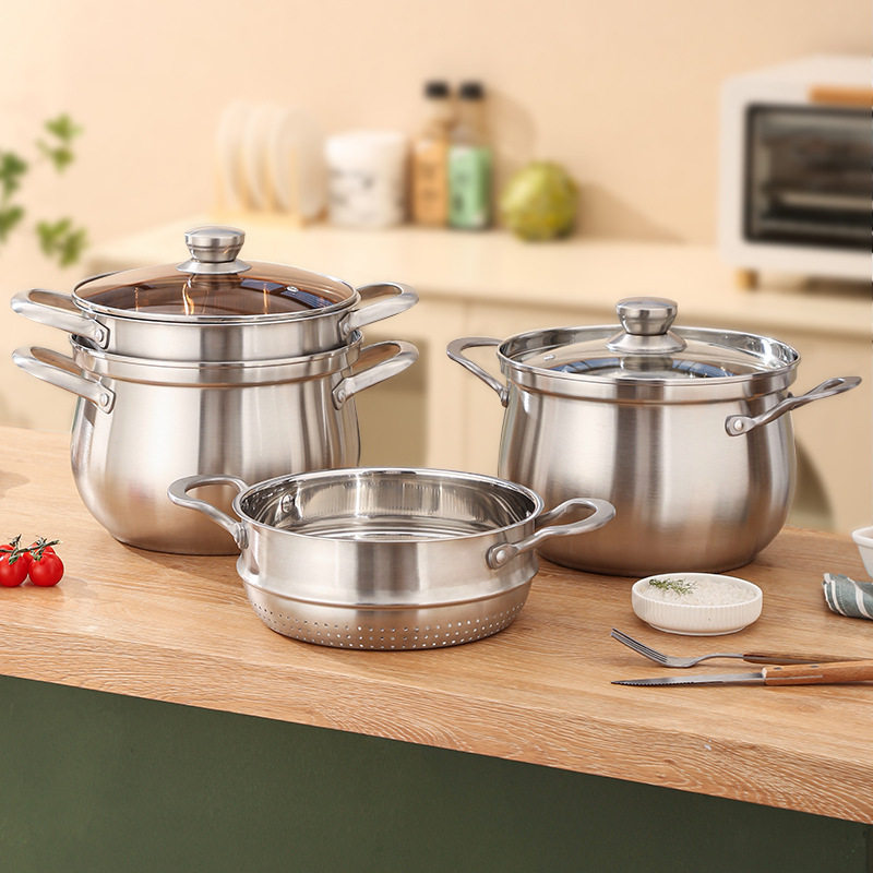 炖锅不锈钢蒸锅家用双耳蒸汤锅加厚二层电磁炉燃气灶通用弧形汤锅