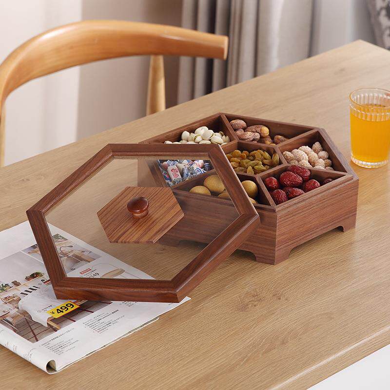 黑胡桃木糖果盒瓜子盘客厅干果盘带盖木质创意家用分格零食收纳盒