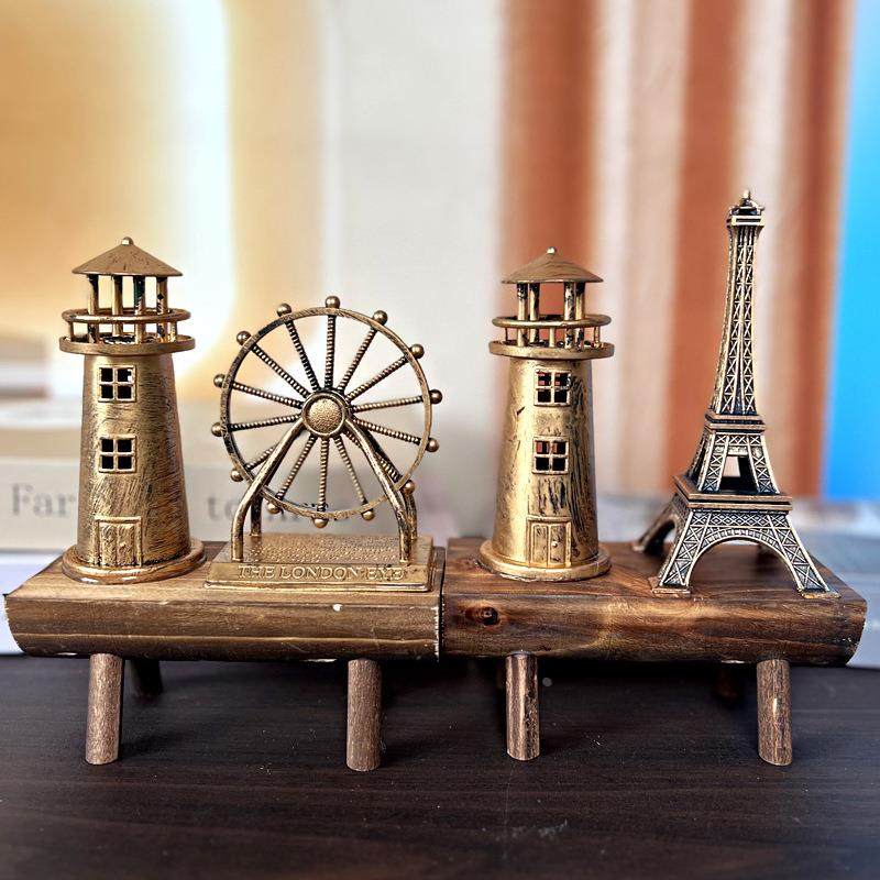 复古沙漏摆件灯塔摆件欧式仿古装饰木质底座风车沙漏摆饰家居装饰