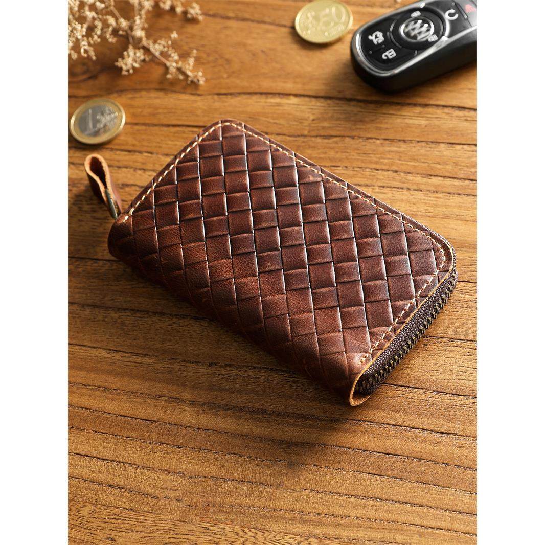 复古编织疯马皮钥匙包大容量多功能收纳包头层男士锁匙包