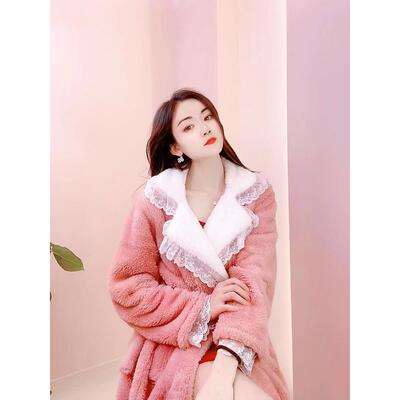 睡衣女睡袍两件套装加厚甜美仙女风家居服秋冬保暖加绒浴袍晨袍定