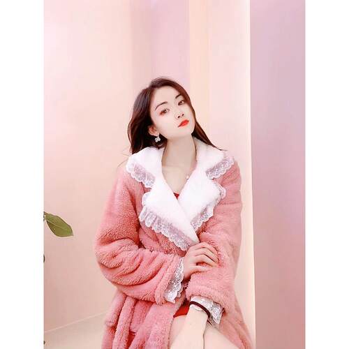 睡衣女睡袍两件套装加厚甜美仙女风家居服秋冬保暖加绒浴袍晨袍定