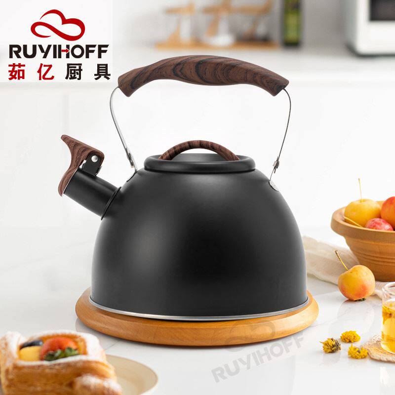 鸣笛烧水壶黑色3L平底鸣音水壶欧式不锈钢口哨壶