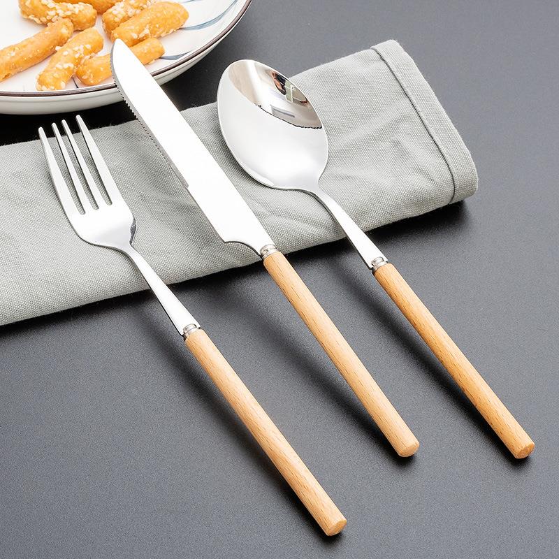 木质细柄甜品叉勺410不锈钢餐具三件套牛排西餐餐具刀叉勺套装定