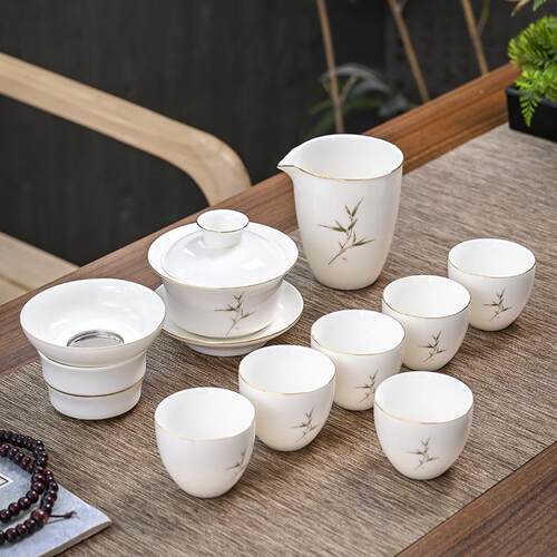 羊脂玉茶具10头白瓷套装家用陶瓷整套功夫喝茶杯子盖碗泡茶器定制
