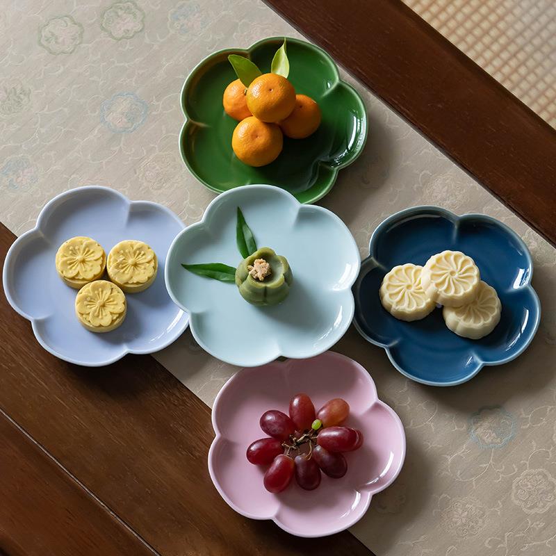 中式花瓣点心盘精致水果盘供佛茶点盘禅意古风陶瓷小号壶承干泡盘