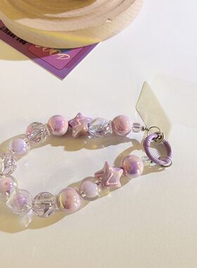 ins欧美紫色系星星串珠链条手腕式通用手机壳ccd相机挂饰手机挂绳