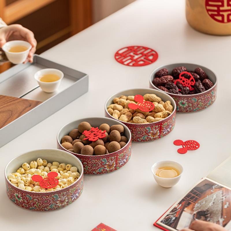 珐琅彩婚庆干果盘中式创意陶瓷结婚糕点盘订婚桌面摆台家用水果盘