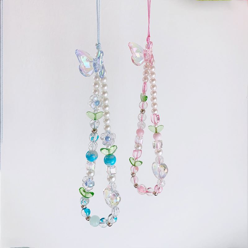 原创韩式ins清透镭射蝴蝶串珠手机链花朵珠珠可爱手绳女款小清新