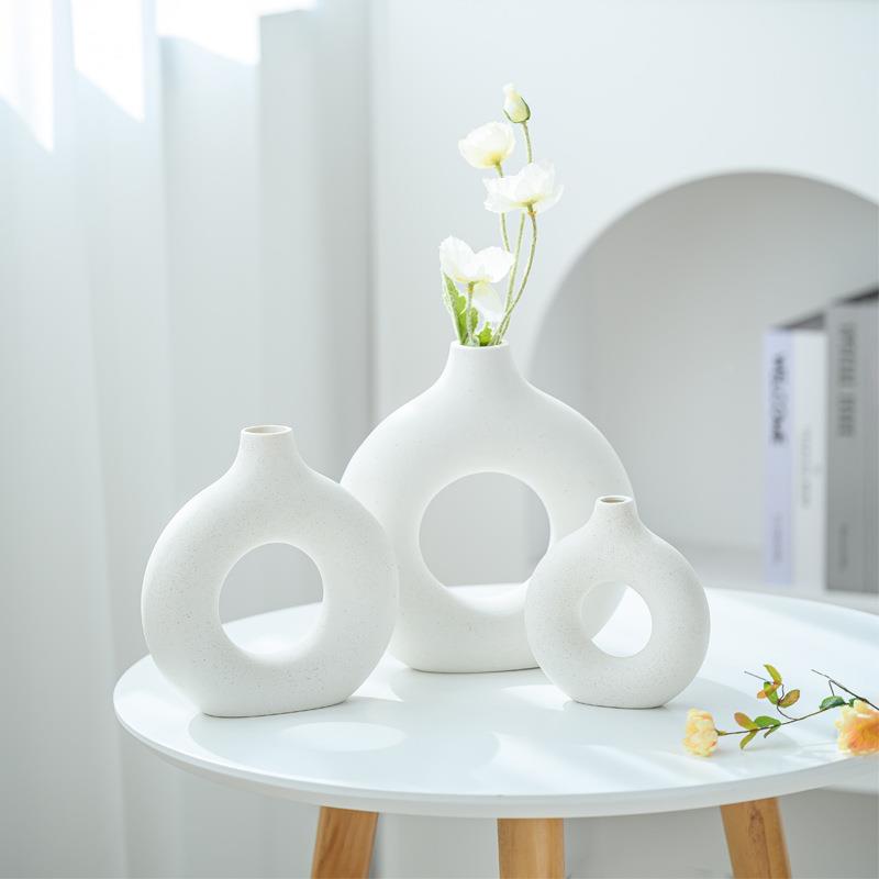 外贸陶瓷花瓶摆件客厅插花创意甜甜圈圆形花器现代简约干花装饰品