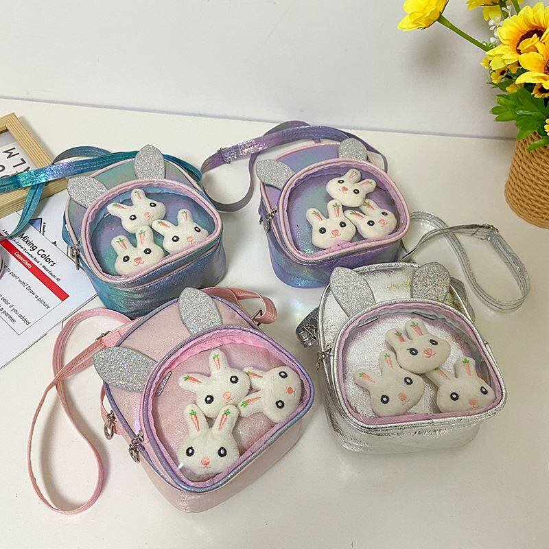 儿童双肩包兔耳朵亮片小书包新款网红宝宝卡通可爱透明镭射小背包