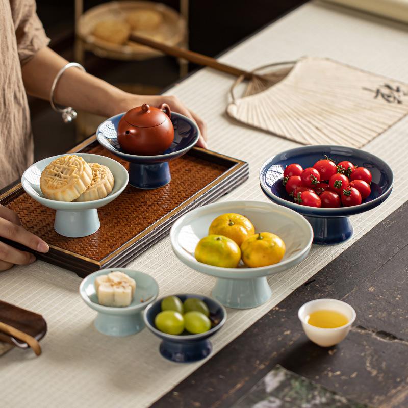 中式陶瓷高脚盘点心茶点盘糕点托盘复古高足玲珑干果水果盘坚果碟