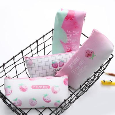 韩版可爱草莓学生笔袋大容量PU文具袋辅导班宣传小礼品可印logo定制